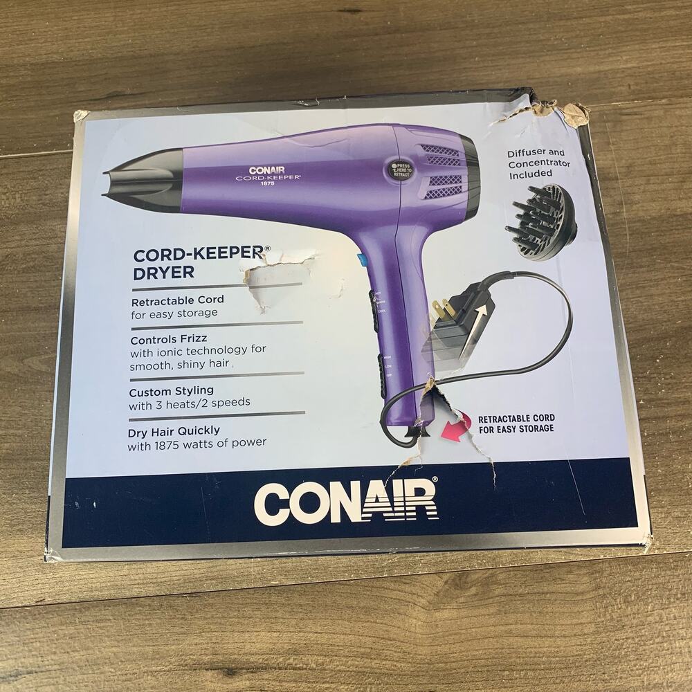 Conair Cord Keeper Hair Dryer Ionic Purple 1875 w/ Attachments New Open Box